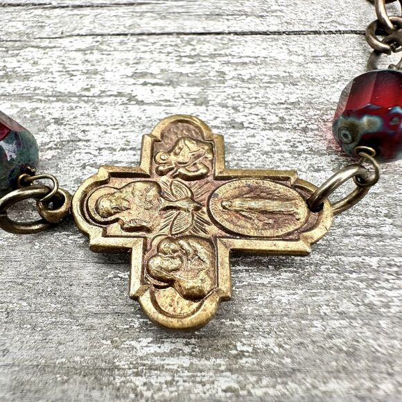 Bronze Cross Medal Bracelet Folk Catholic Gothic Saints Red Glass Brass Chain 8” - Picture 3 of 5